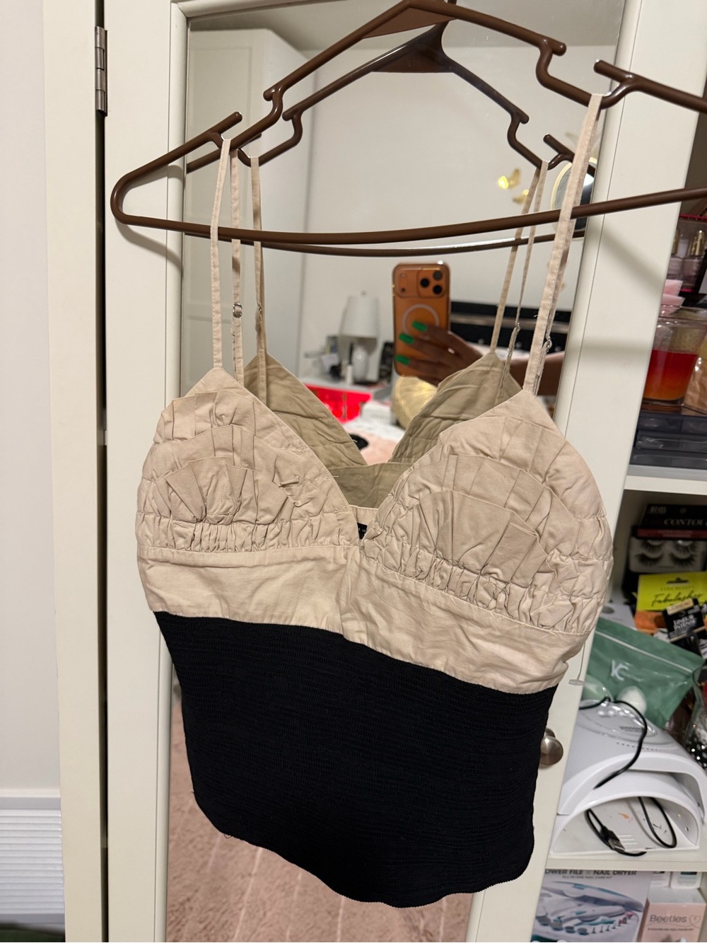 Zara Beige and Black Two-Tone Ruched Bralette Tank